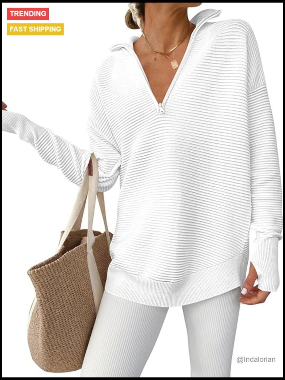 Long Sleeve Quarter Zip V-Neck Pullover Sweater with Thumb Hole